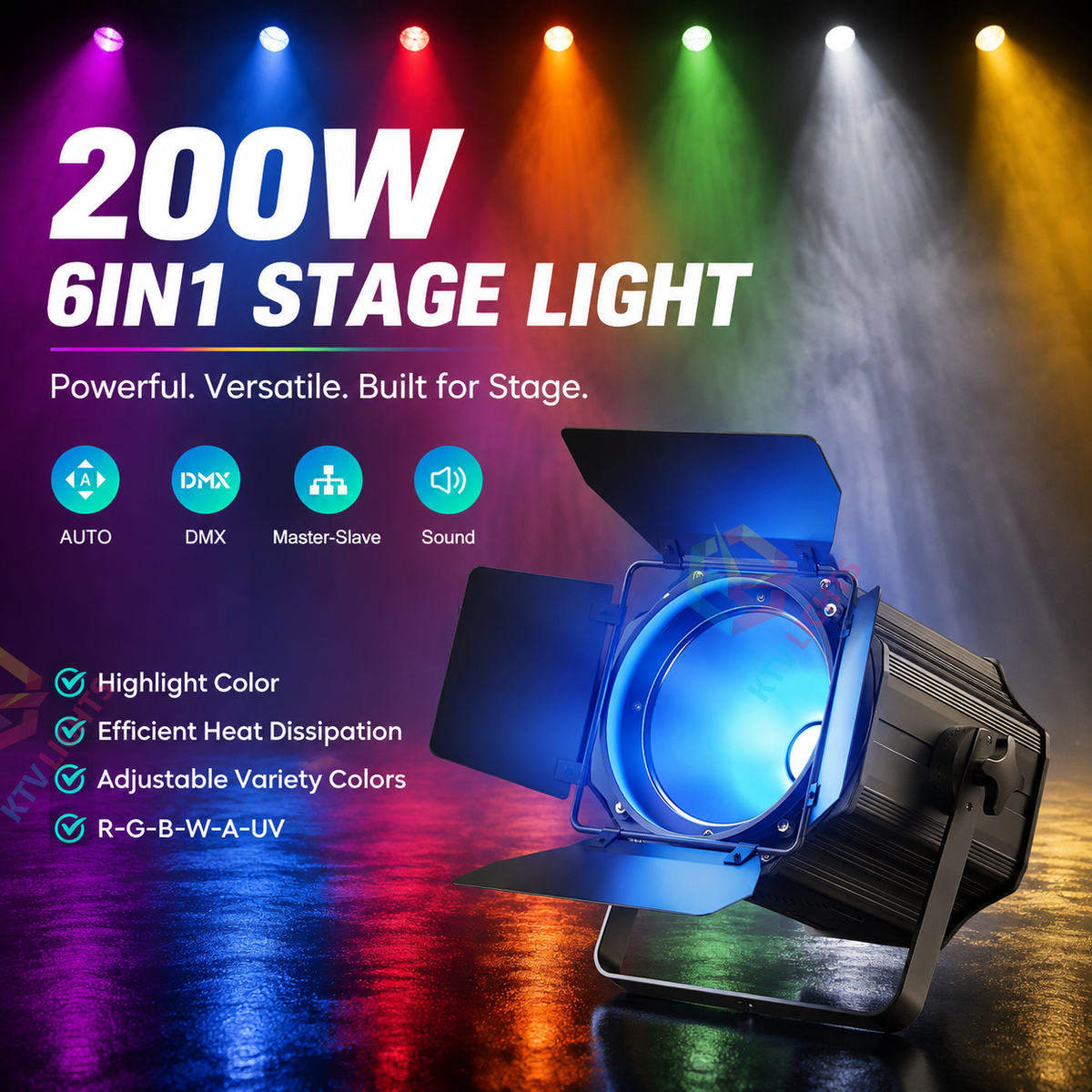KTVLIGHTS 200W RGBWA UV 6-in-1 COB PAR Light with Barn Door-P35