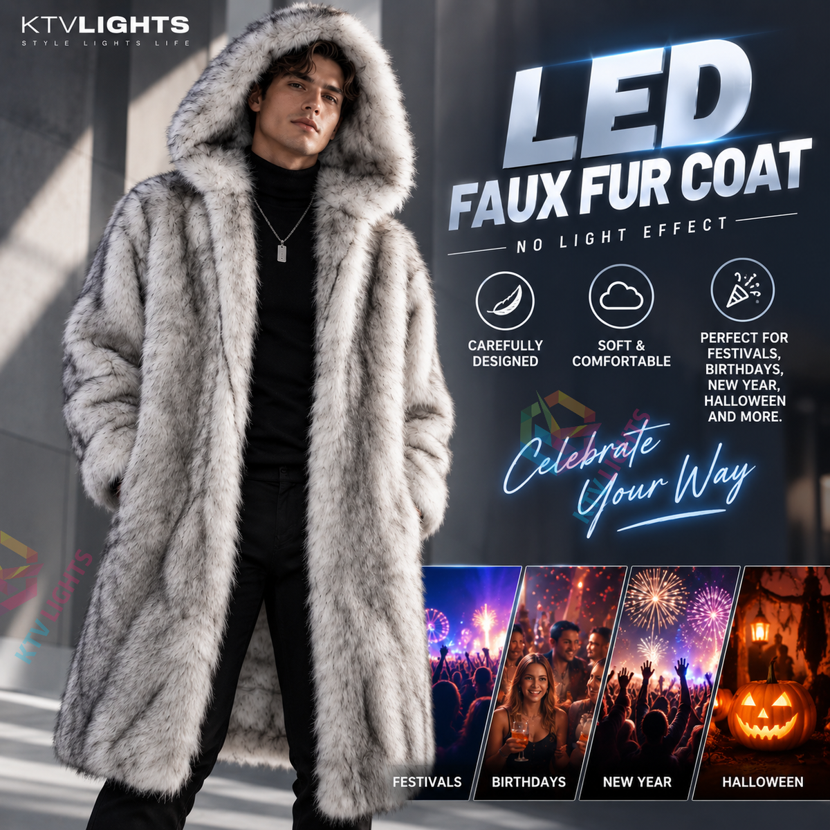 KTVLIGHTS LED Faux Fur Coat for Cosplay, Festivals & Parties-M60