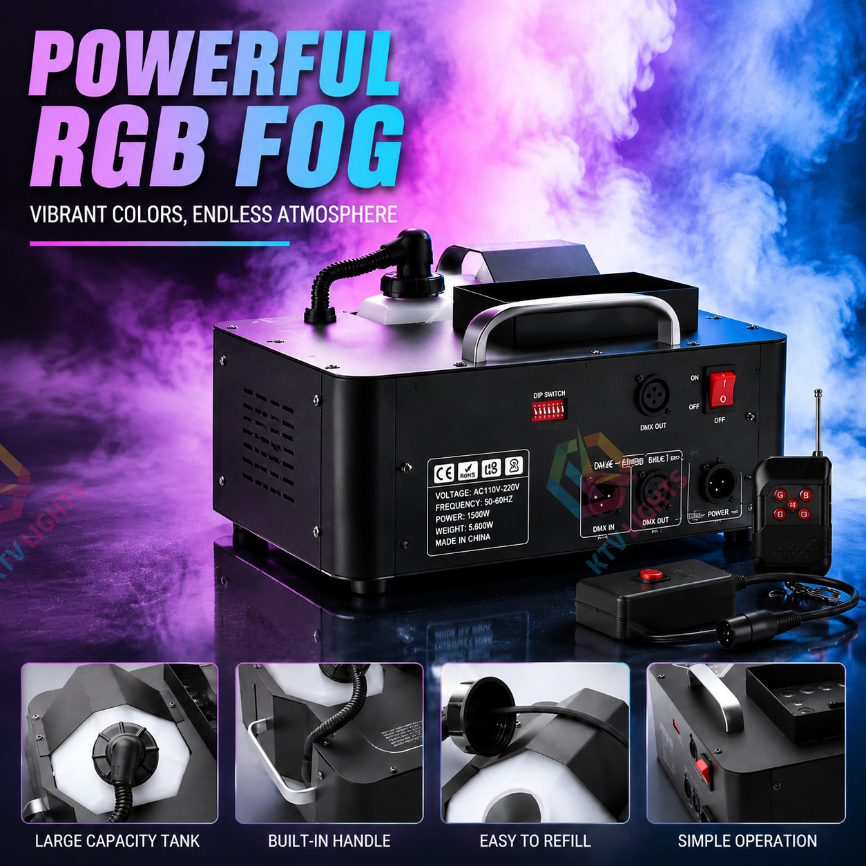 KTVLIGHTS 1500W RGB DMX 512 Smoke Machine Lighting Effect-Y14