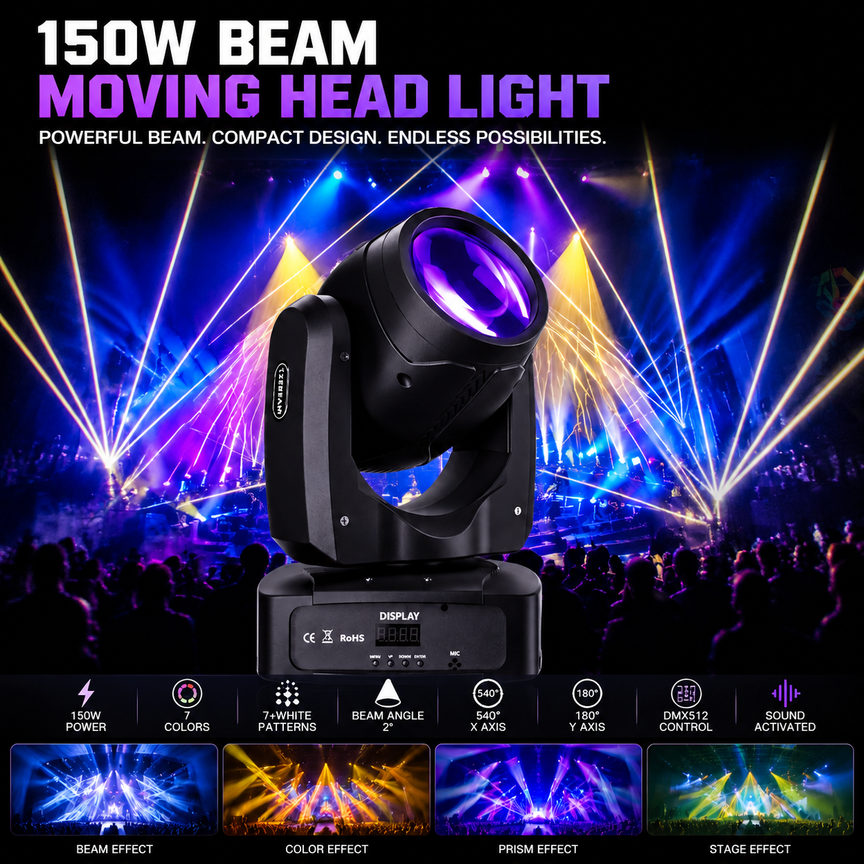 150W RGBW DMX Moving Head Stage Light for DJ Disco Wedding- E80