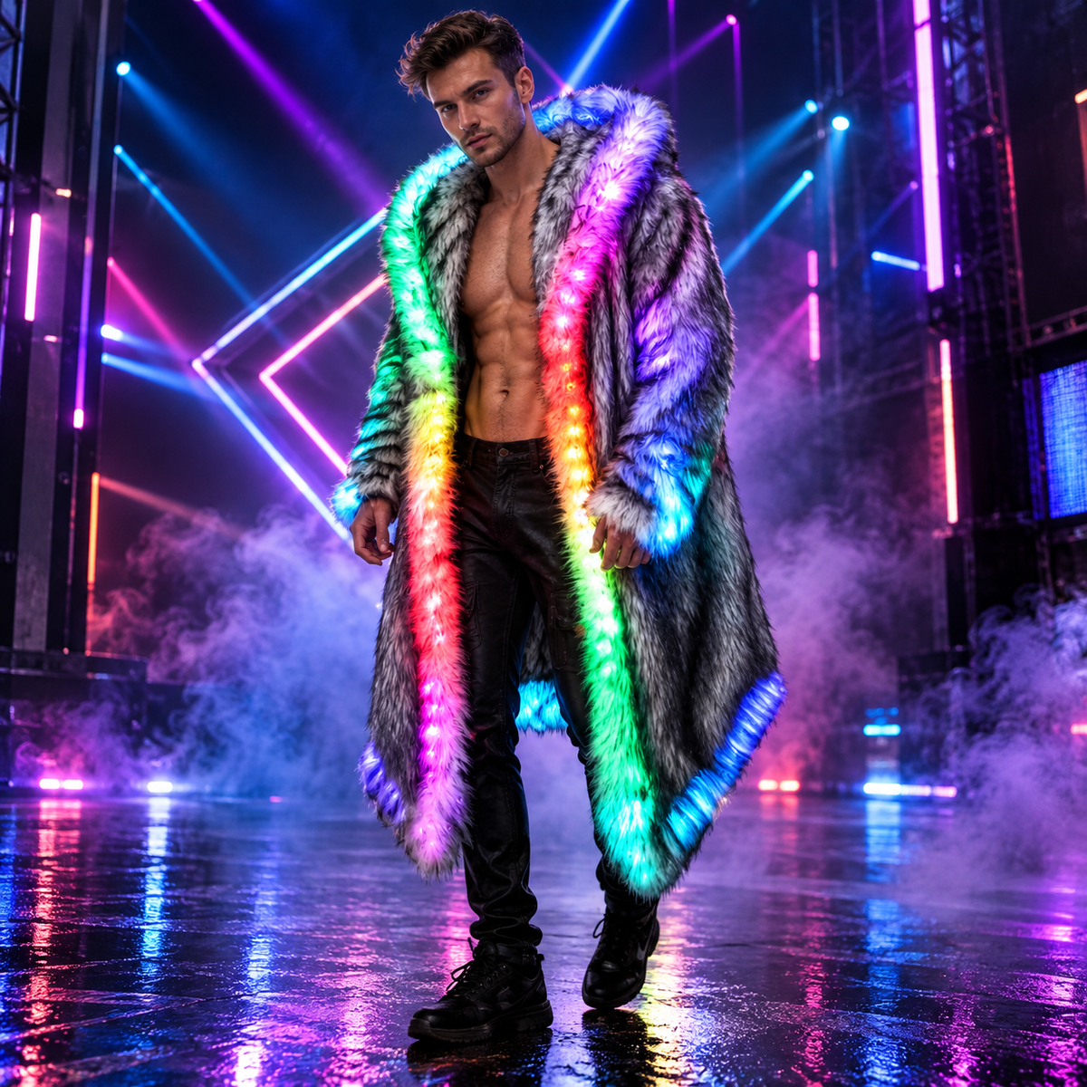 KTVLIGHTS LED Faux Fur Coat for Cosplay, Festivals & Parties-M60