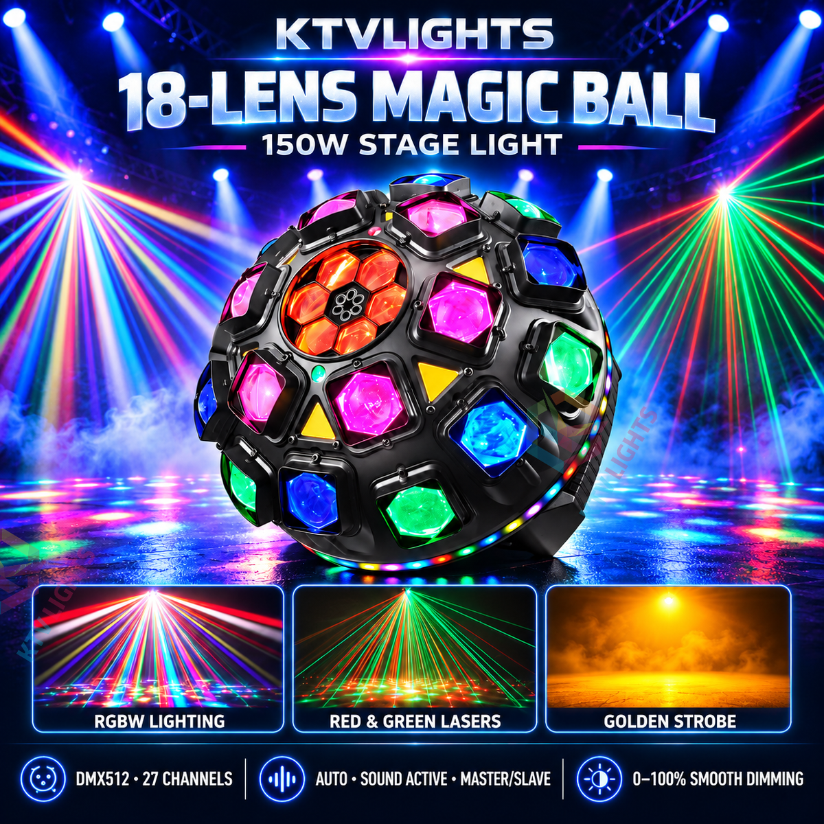 KTVLIGHTS 150W Rotating Magic Ball RGBW Laser DJ Stage Light-E112